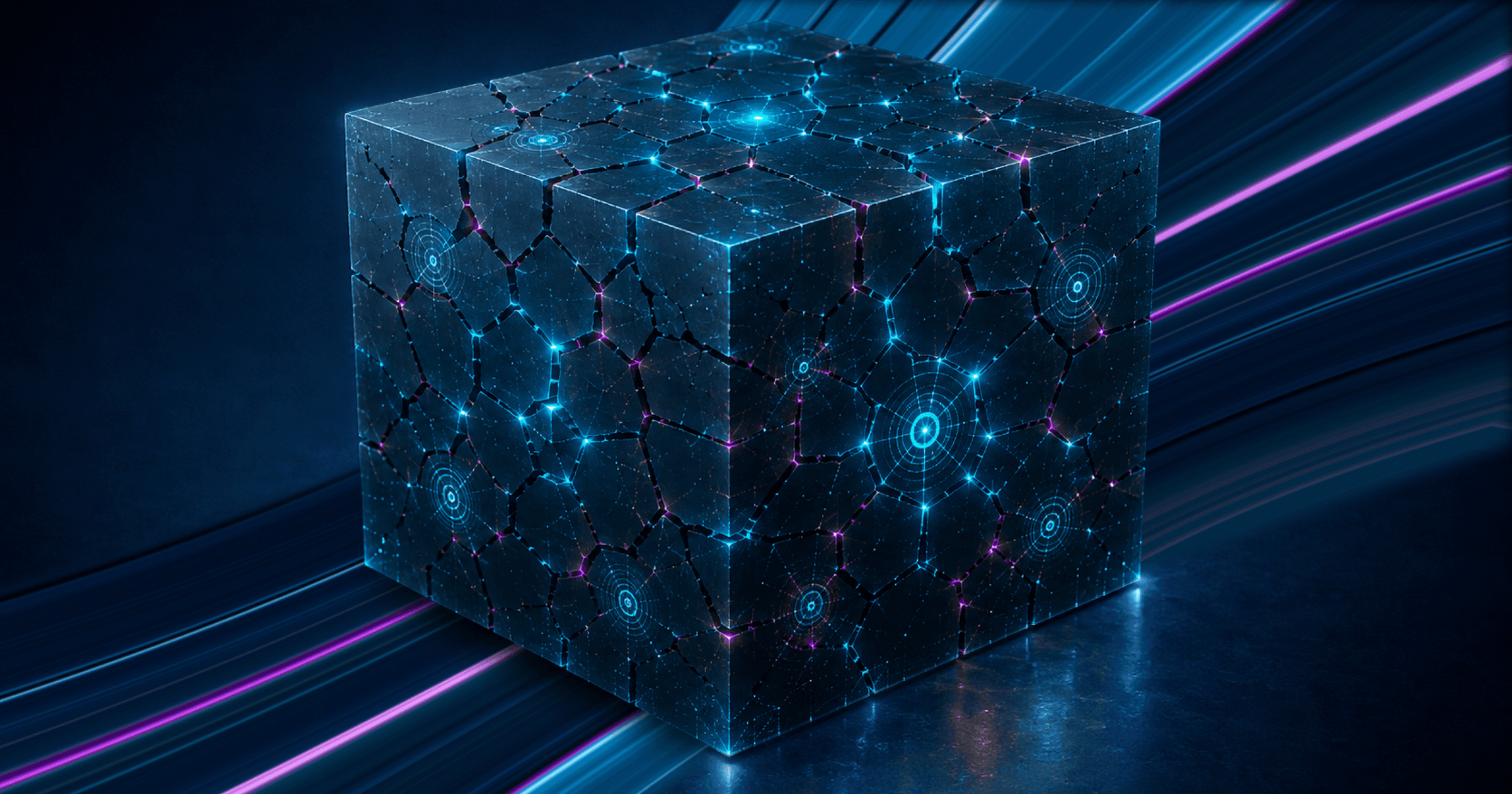 Cover illustration for an article on technical debt in startups: a glowing 3D cube fractured into interlocking pieces, held together by neon circuit lines