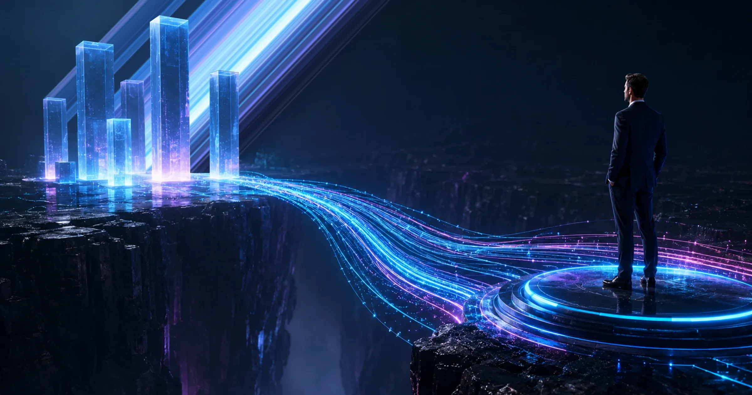 Businessman on a glowing platform looking toward a holographic bar chart across a chasm, connected by streams of light representing the path from technology to market.