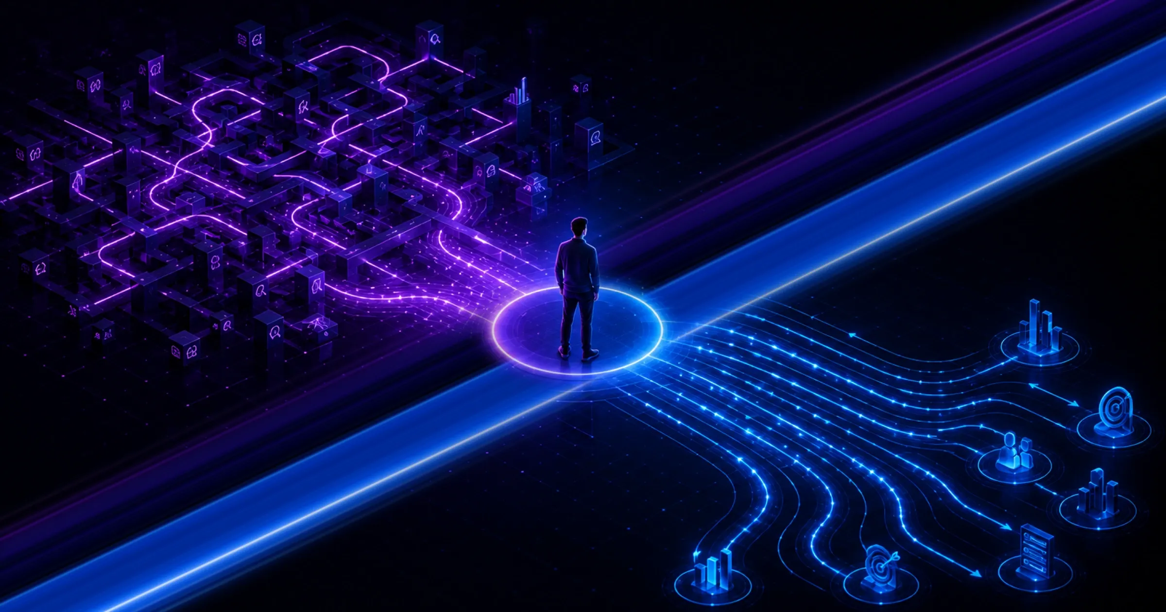 A founder stands at the center where a tangled maze of purple pathways resolves into clear, ordered blue streams leading to defined business outcomes.