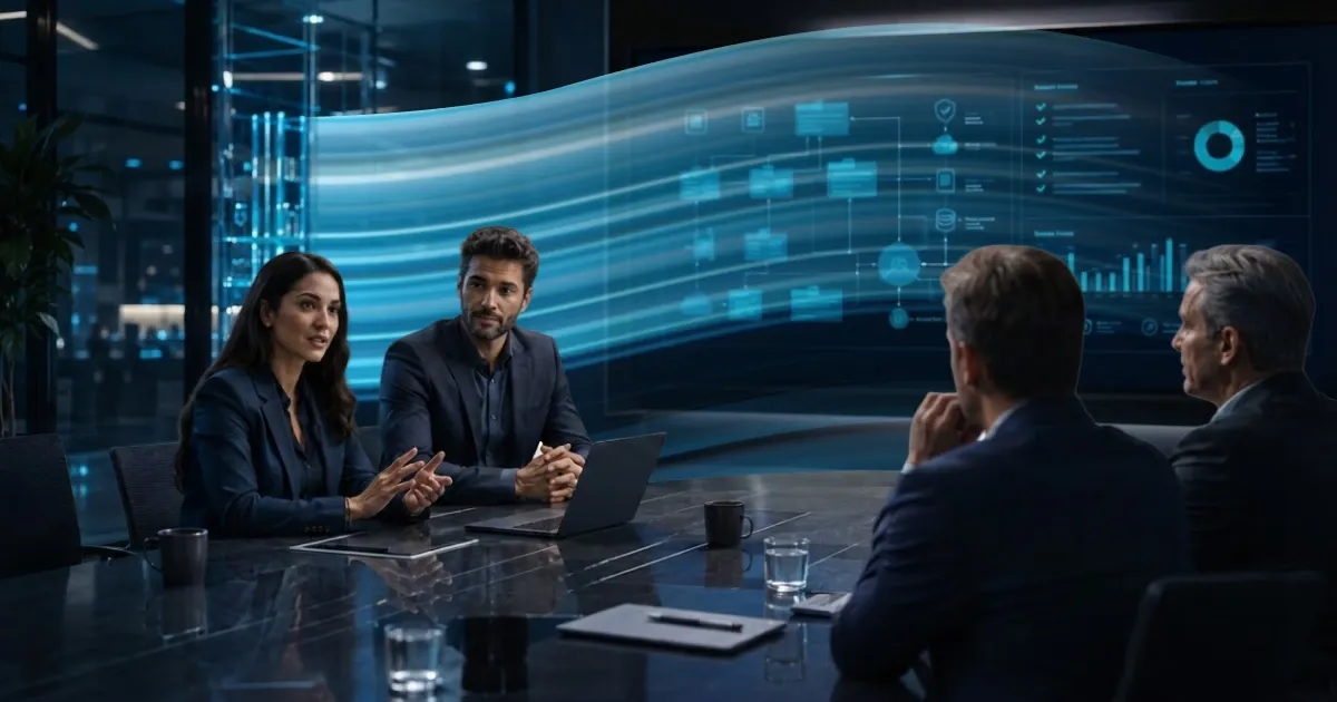 Fintech founders answering investor technical questions during a due diligence review, with a data architecture and compliance dashboard on the screen behind them.