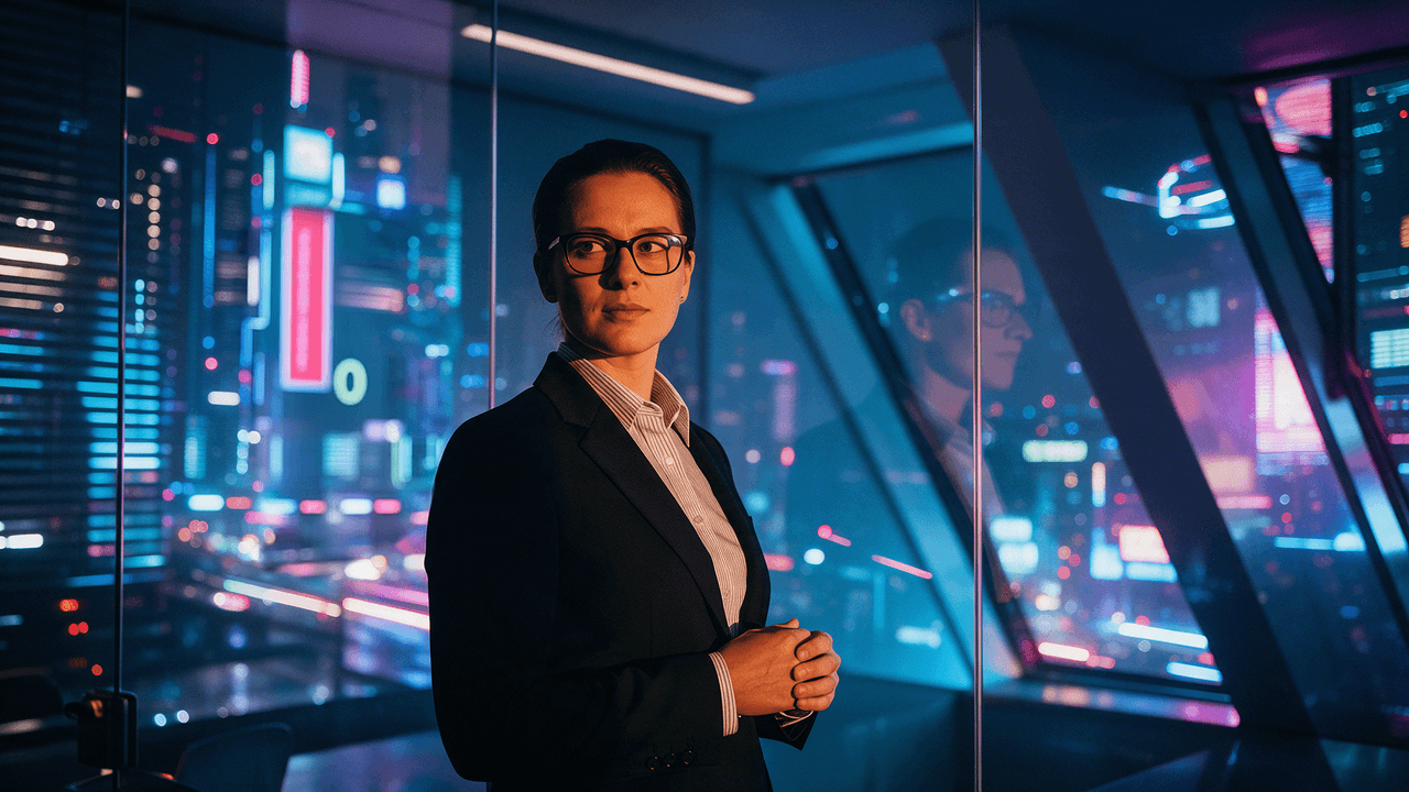 Fractional CTO in a dark blazer and glasses standing in a glass-walled office, overlooking a neon-lit city at night.
