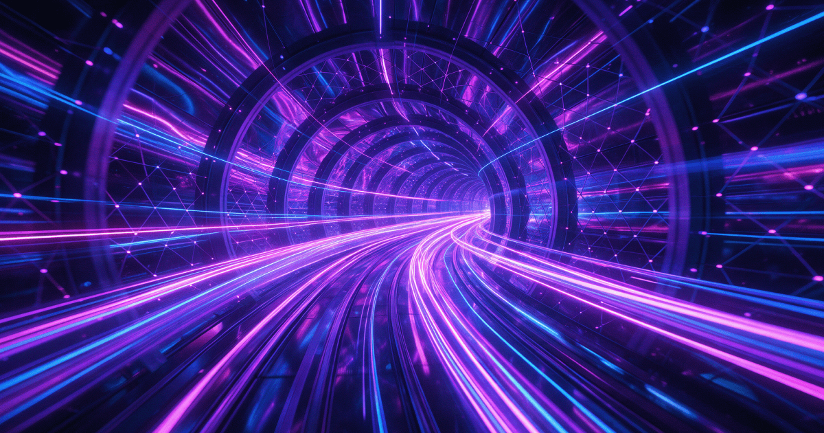 Abstract neon light tunnel with converging purple and blue streaks — cover for an article on market entry frameworks for startups