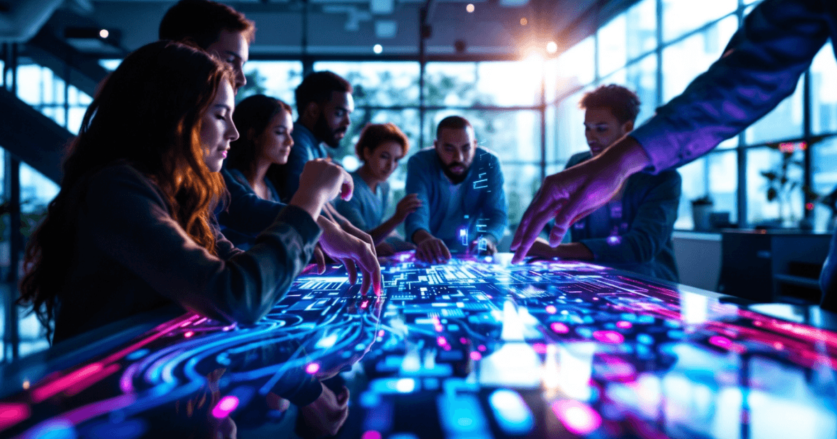 Startup team gathered around an interactive digital table, reviewing glowing data visualizations in a modern office
